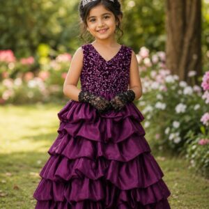 প্রিমিয়াম সিকুইনড লেয়ারড গাউন সেট (ডিপ মাজেন্টা) - এক থেকে দেড় বছরের জন্য